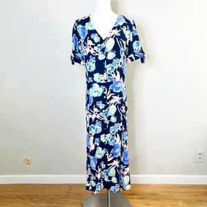 Talbots Floral Maxi Dress Navy Blue Short Sleeve V-Neck Viscose Size 10